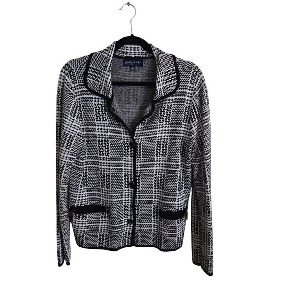 Jones New York Collection Black White Plaid Cotton Blend Sweater Blazer Size L - Picture 1 of 7